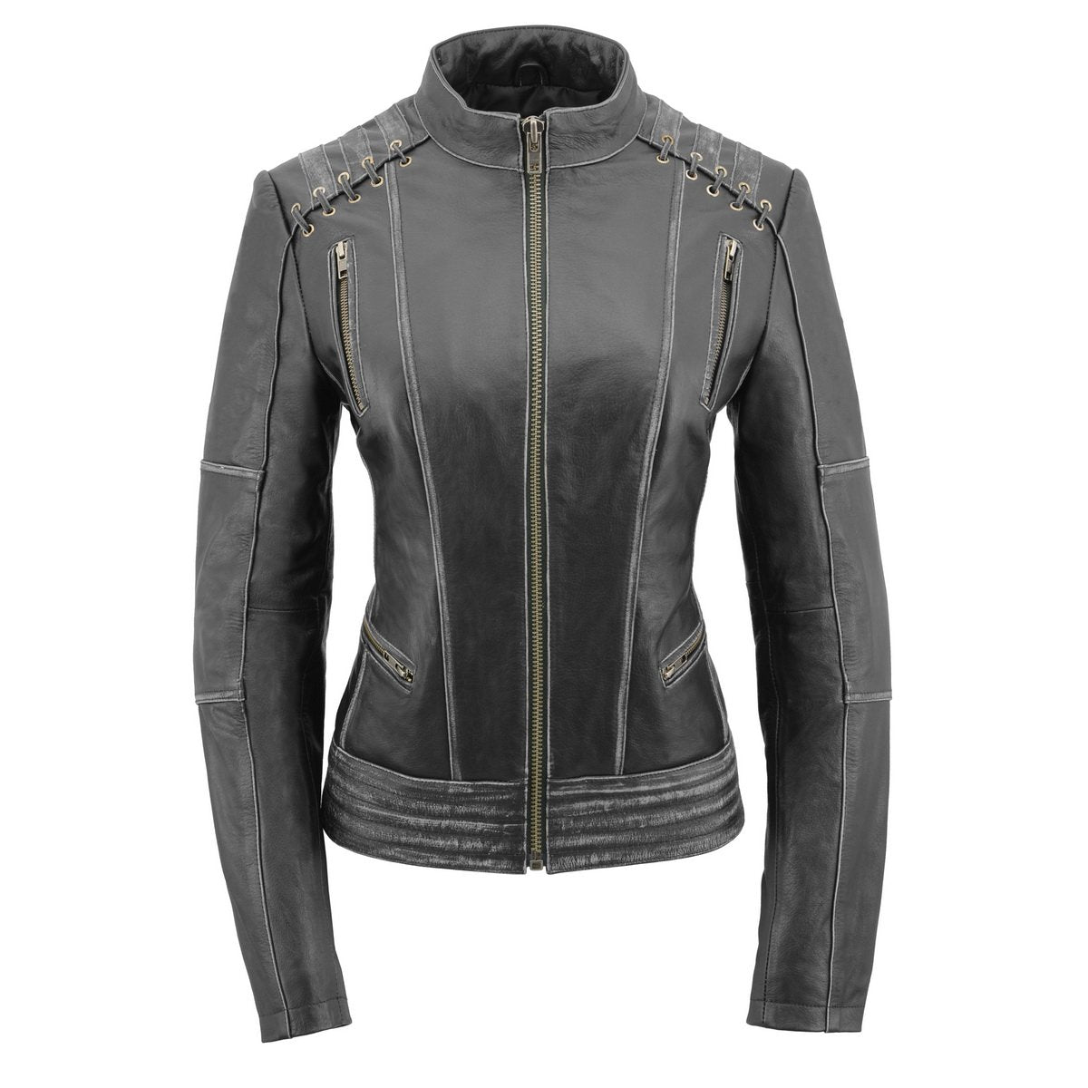 MLL2526 Women's 'Elegant' Distressed Gray Detail Laced Leather Jacket