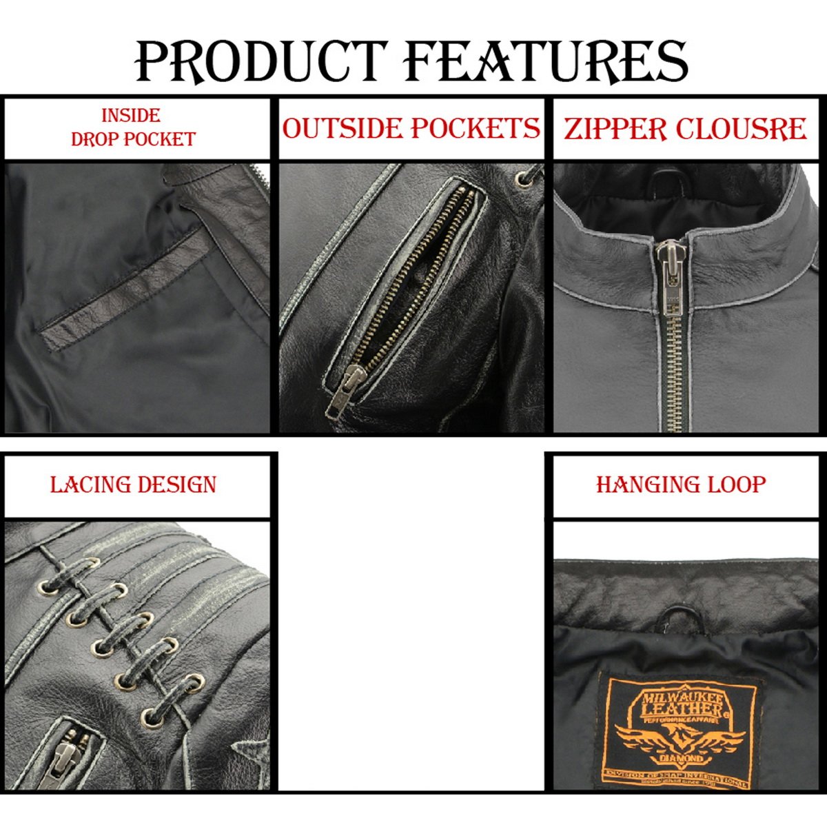 MLL2526 Women's 'Elegant' Distressed Gray Detail Laced Leather Jacket