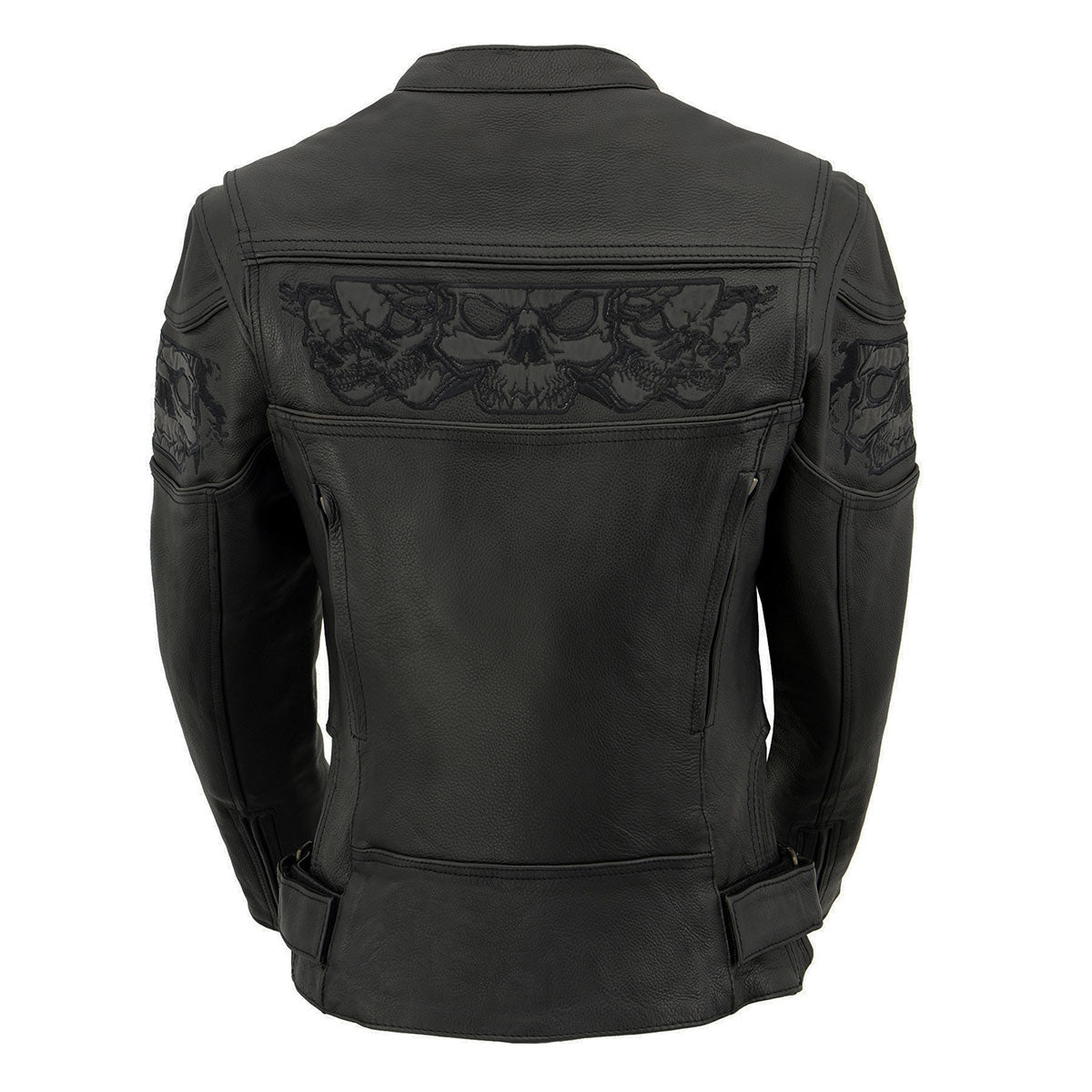 MLL2540 Women's Crossover Black Leather Scooter Jacket w/ Reflective Skull Graphic