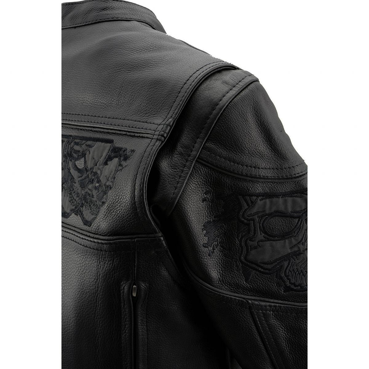 MLL2540 Women's Crossover Black Leather Scooter Jacket w/ Reflective Skull Graphic