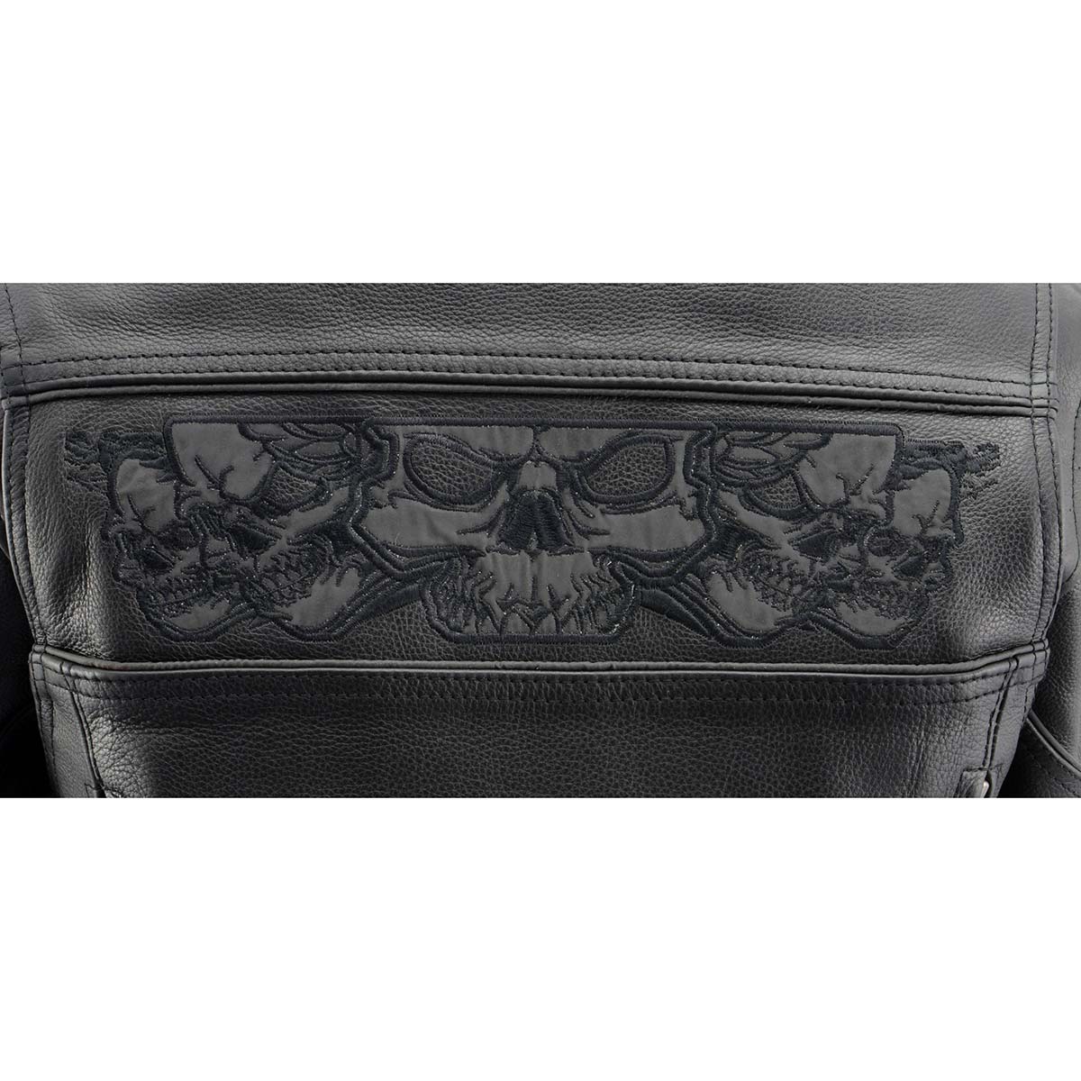 MLL2540 Women's Crossover Black Leather Scooter Jacket w/ Reflective Skull Graphic