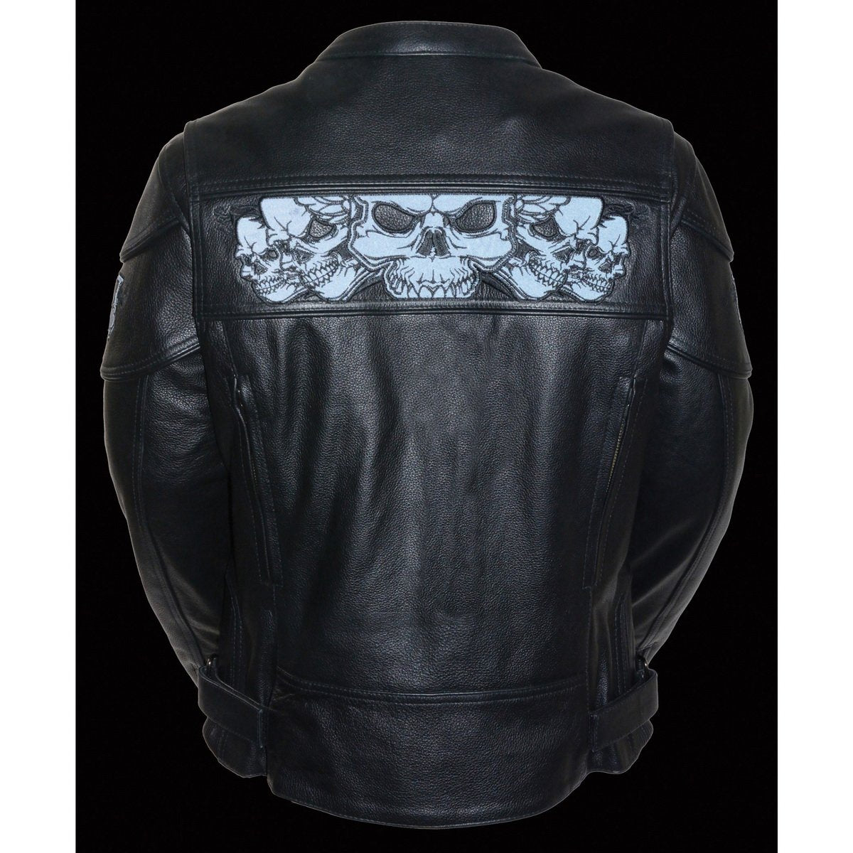 MLL2540 Women's Crossover Black Leather Scooter Jacket w/ Reflective Skull Graphic