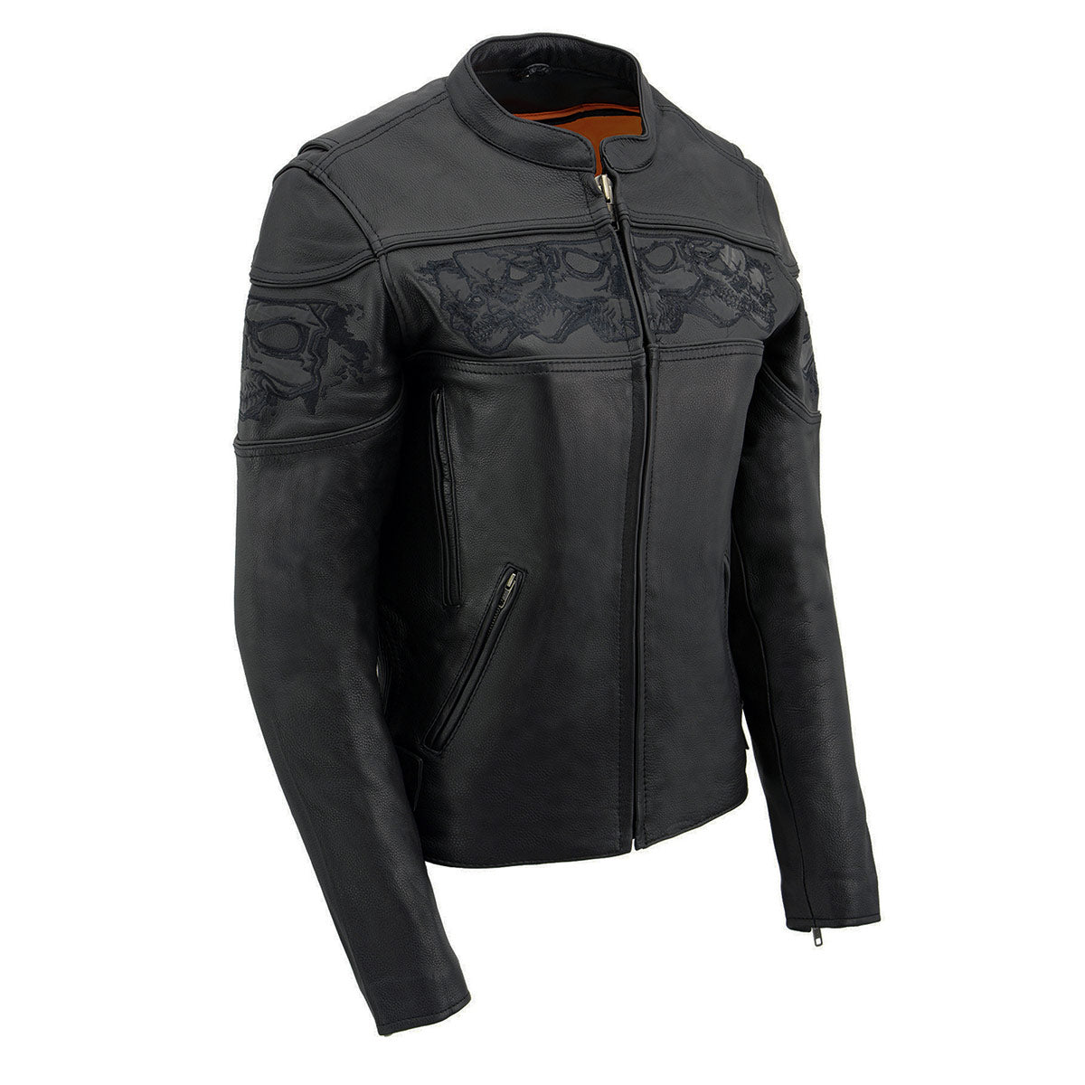 MLL2540 Women's Crossover Black Leather Scooter Jacket w/ Reflective Skull Graphic