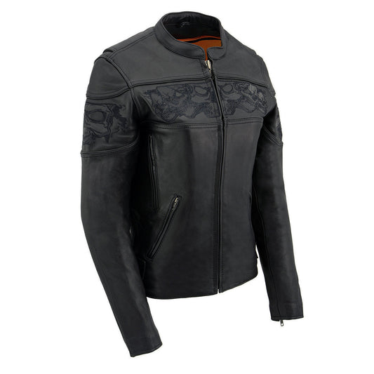 MLL2540 Women's Crossover Black Leather Scooter Jacket w/ Reflective Skull Graphic