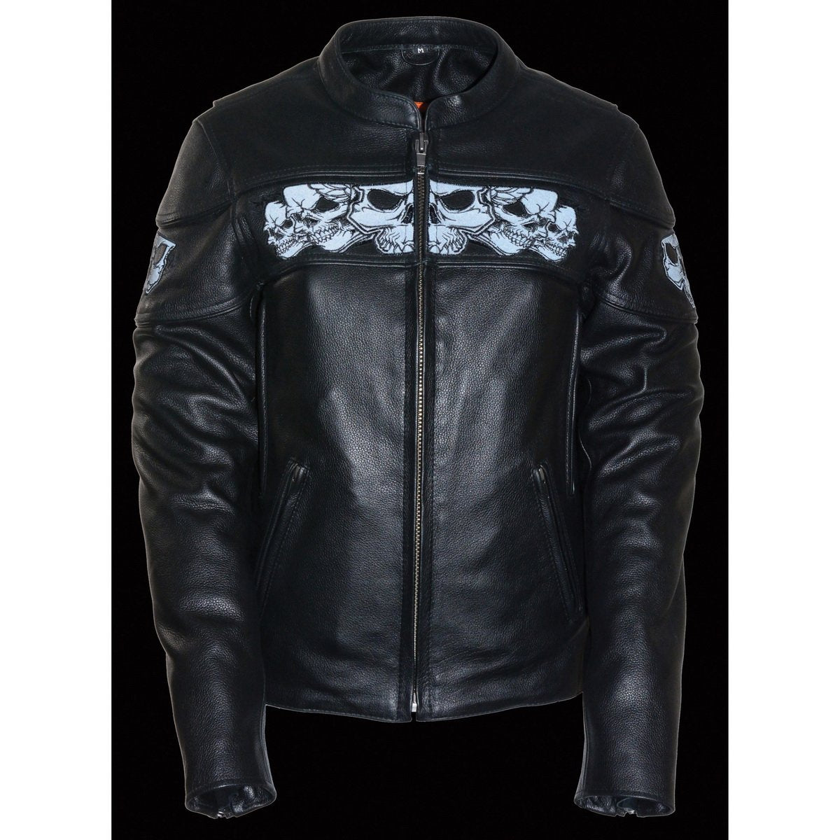 MLL2540 Women's Crossover Black Leather Scooter Jacket w/ Reflective Skull Graphic