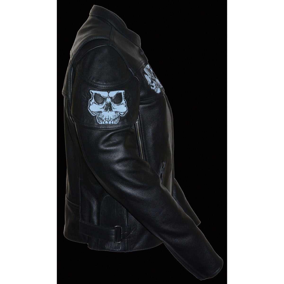 MLL2540 Women's Crossover Black Leather Scooter Jacket w/ Reflective Skull Graphic