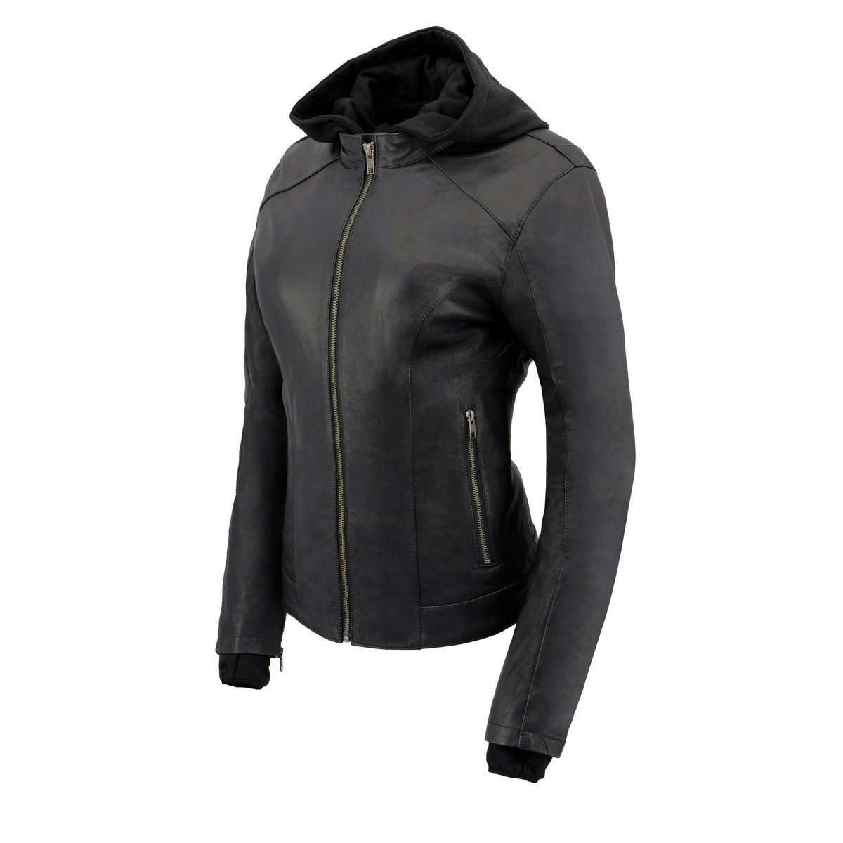 MLL2545 Women's Lightweight Black Leather Jacket with Removable Hoodie