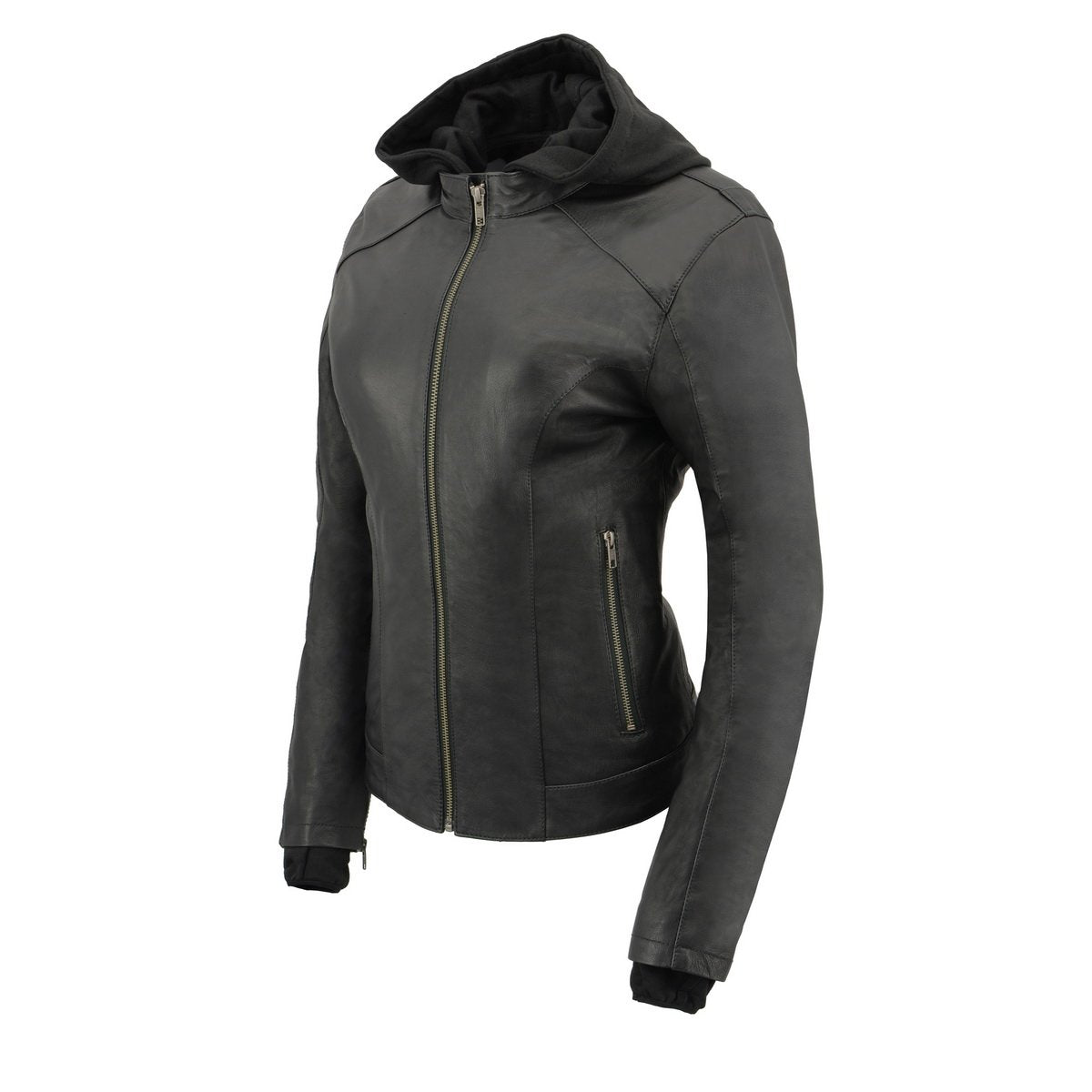 MLL2545 Women's Lightweight Black Leather Jacket with Removable Hoodie
