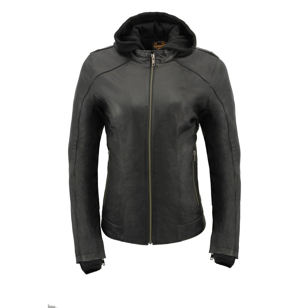 MLL2545 Women's Lightweight Black Leather Jacket with Removable Hoodie