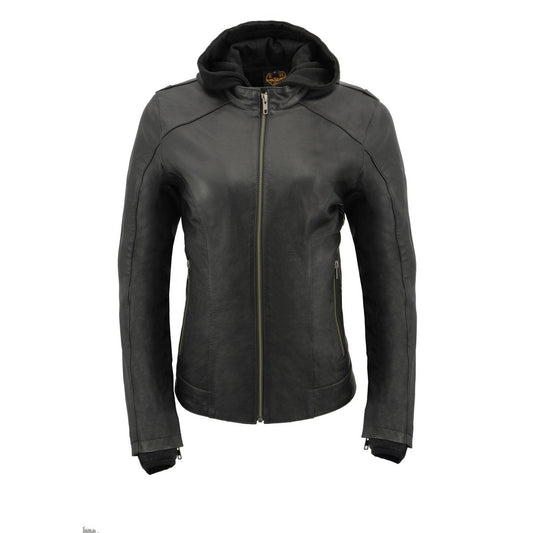 MLL2545 Women's Lightweight Black Leather Jacket with Removable Hoodie