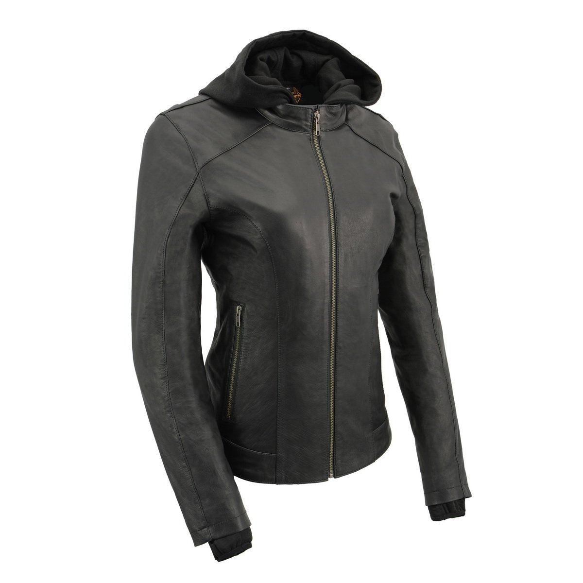 MLL2545 Women's Lightweight Black Leather Jacket with Removable Hoodie