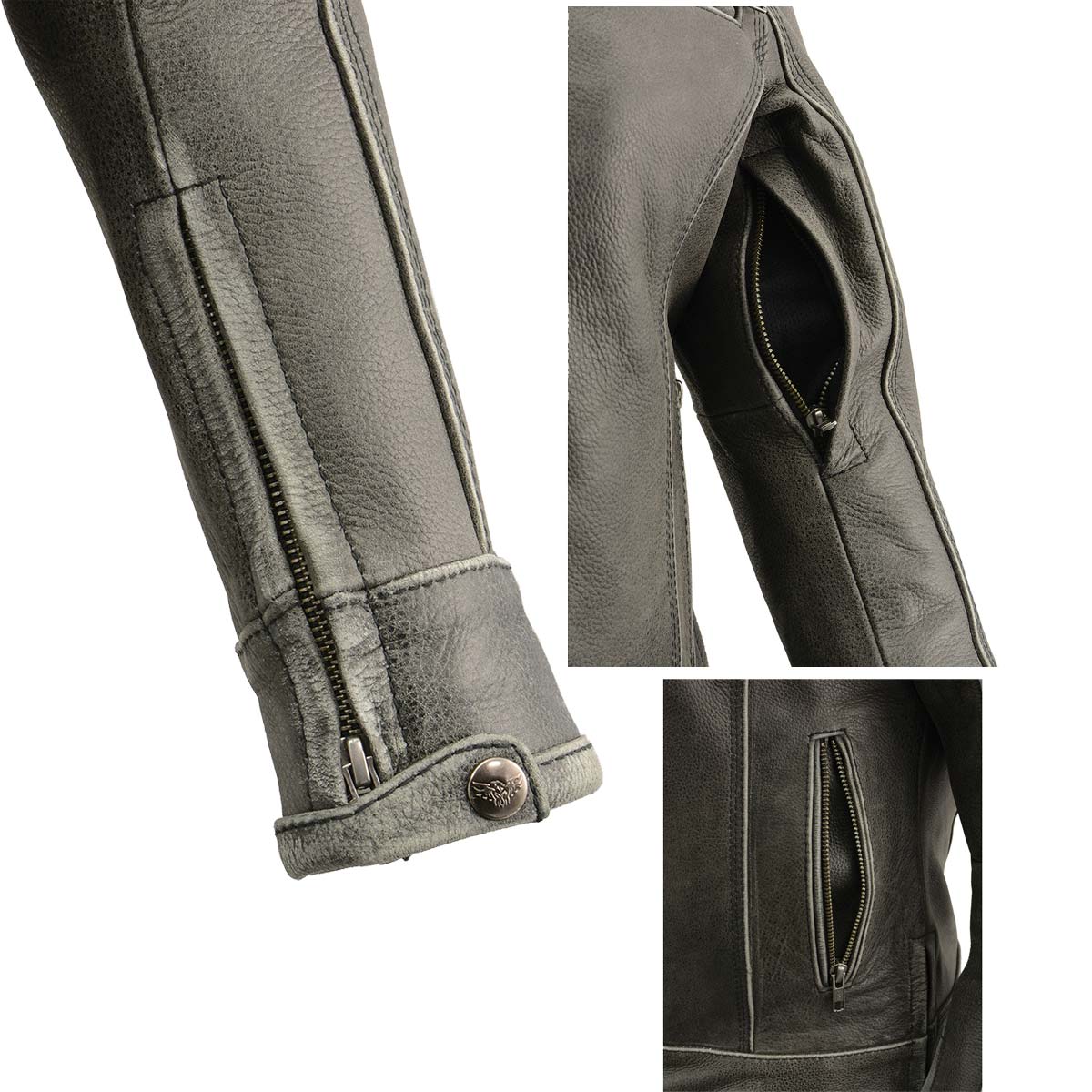 MLL2550 Women's Scooter Distressed Grey Leather Motorcycle Riding Vented Jacket