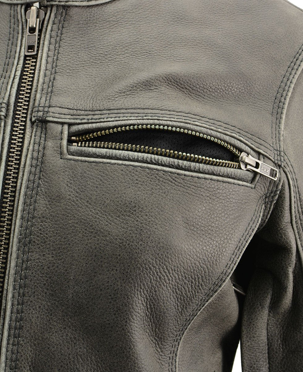 MLL2550 Women's Scooter Distressed Grey Leather Motorcycle Riding Vented Jacket