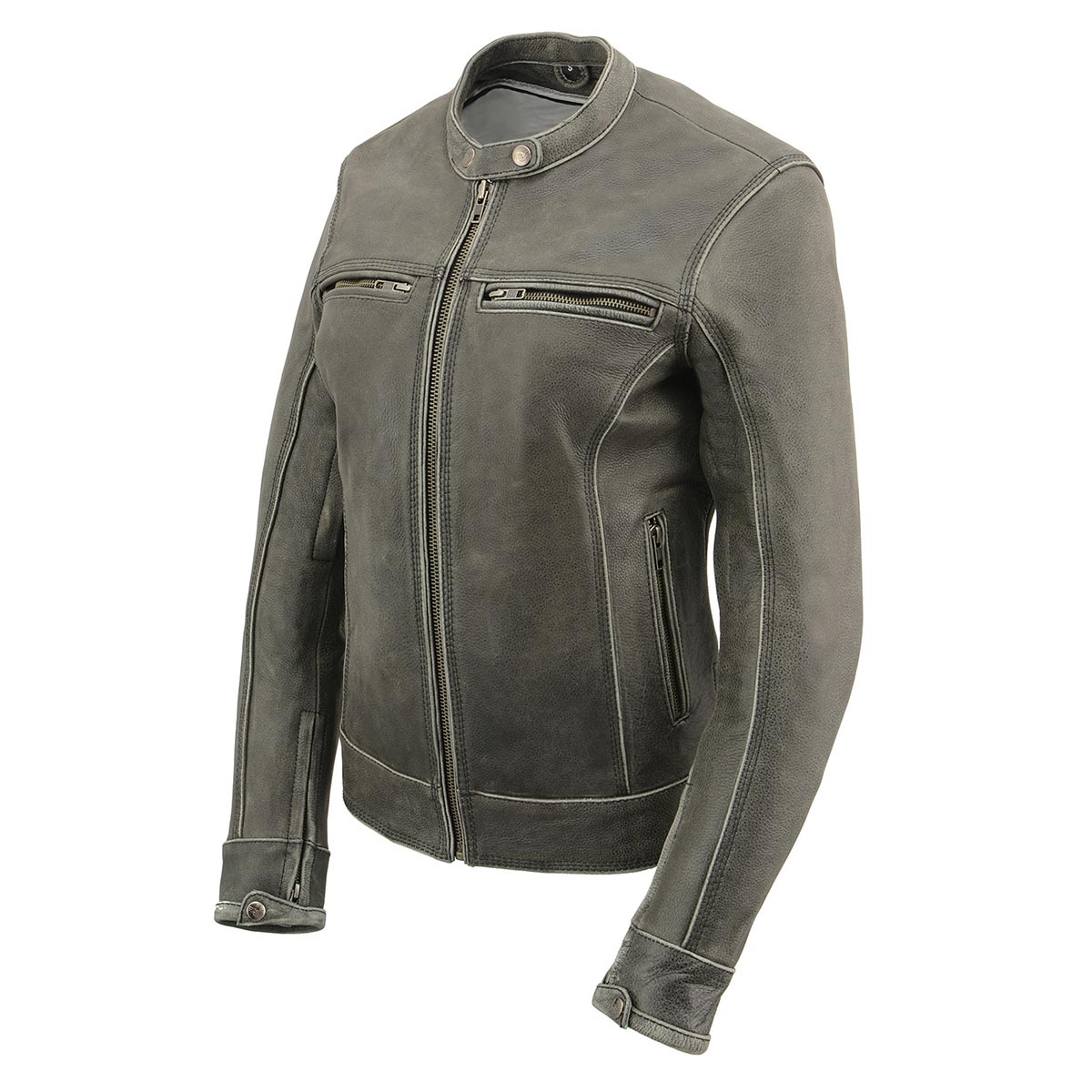 MLL2550 Women's Scooter Distressed Grey Leather Motorcycle Riding Vented Jacket