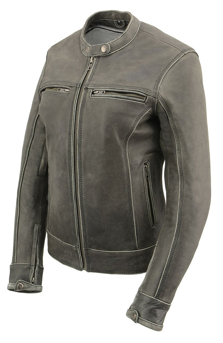 MLL2550 Women's Scooter Distressed Grey Leather Motorcycle Riding Vented Jacket