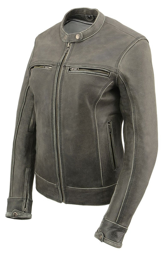 MLL2550 Women's Scooter Distressed Grey Leather Motorcycle Riding Vented Jacket