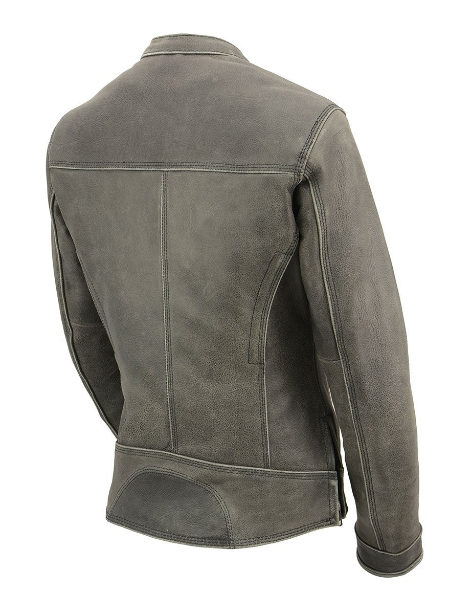 MLL2550 Women's Scooter Distressed Grey Leather Motorcycle Riding Vented Jacket