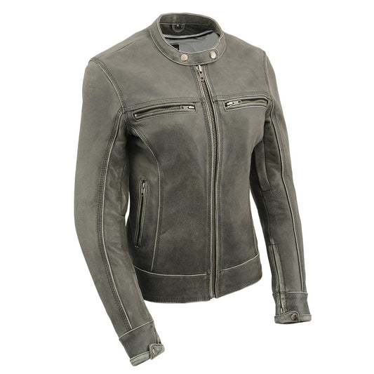 MLL2550 Women's Scooter Distressed Grey Leather Motorcycle Riding Vented Jacket