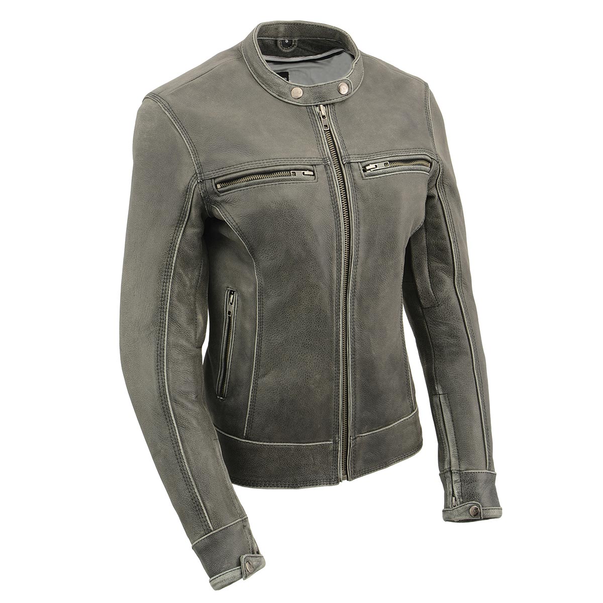 MLL2550 Women's Scooter Distressed Grey Leather Motorcycle Riding Vented Jacket