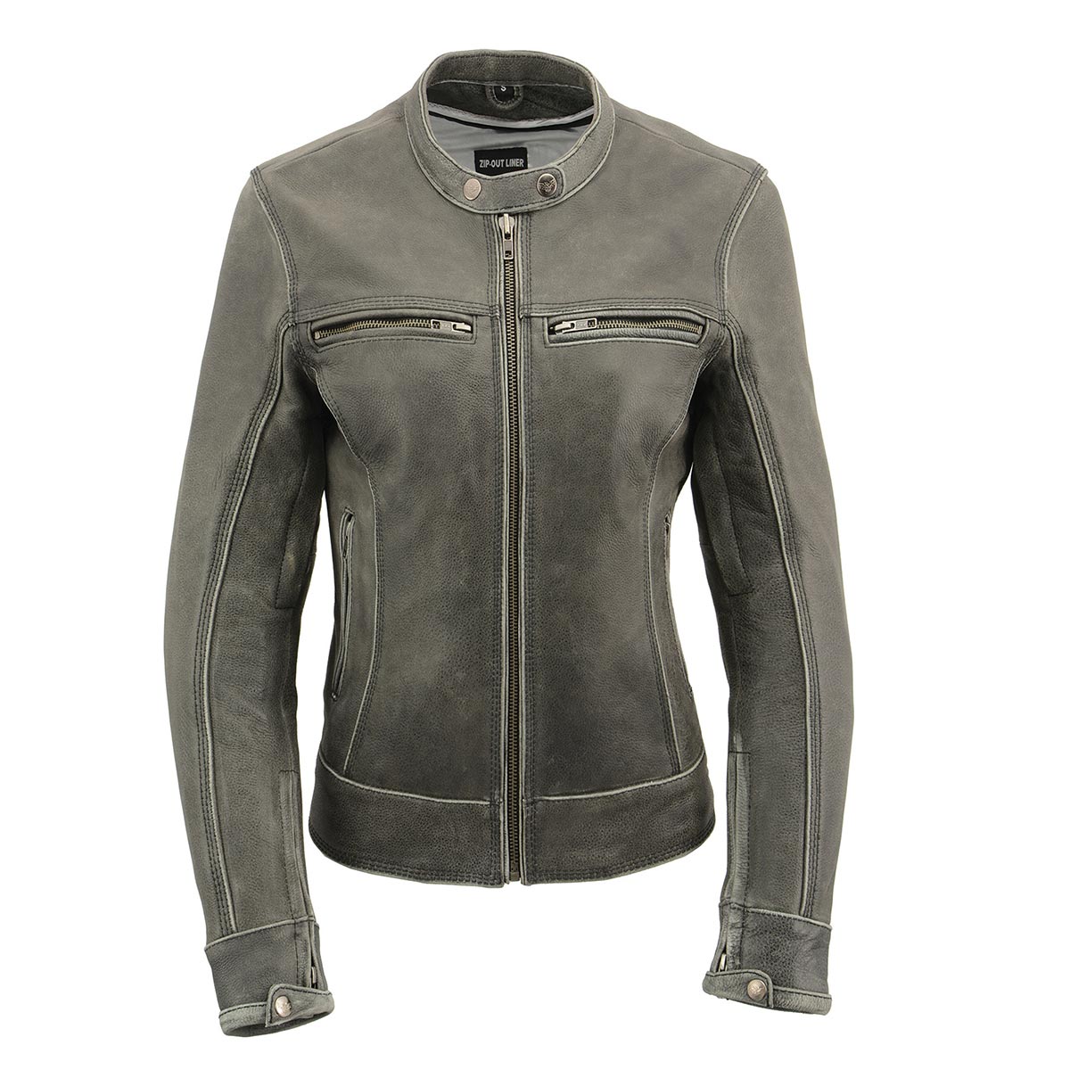 MLL2550 Women's Scooter Distressed Grey Leather Motorcycle Riding Vented Jacket