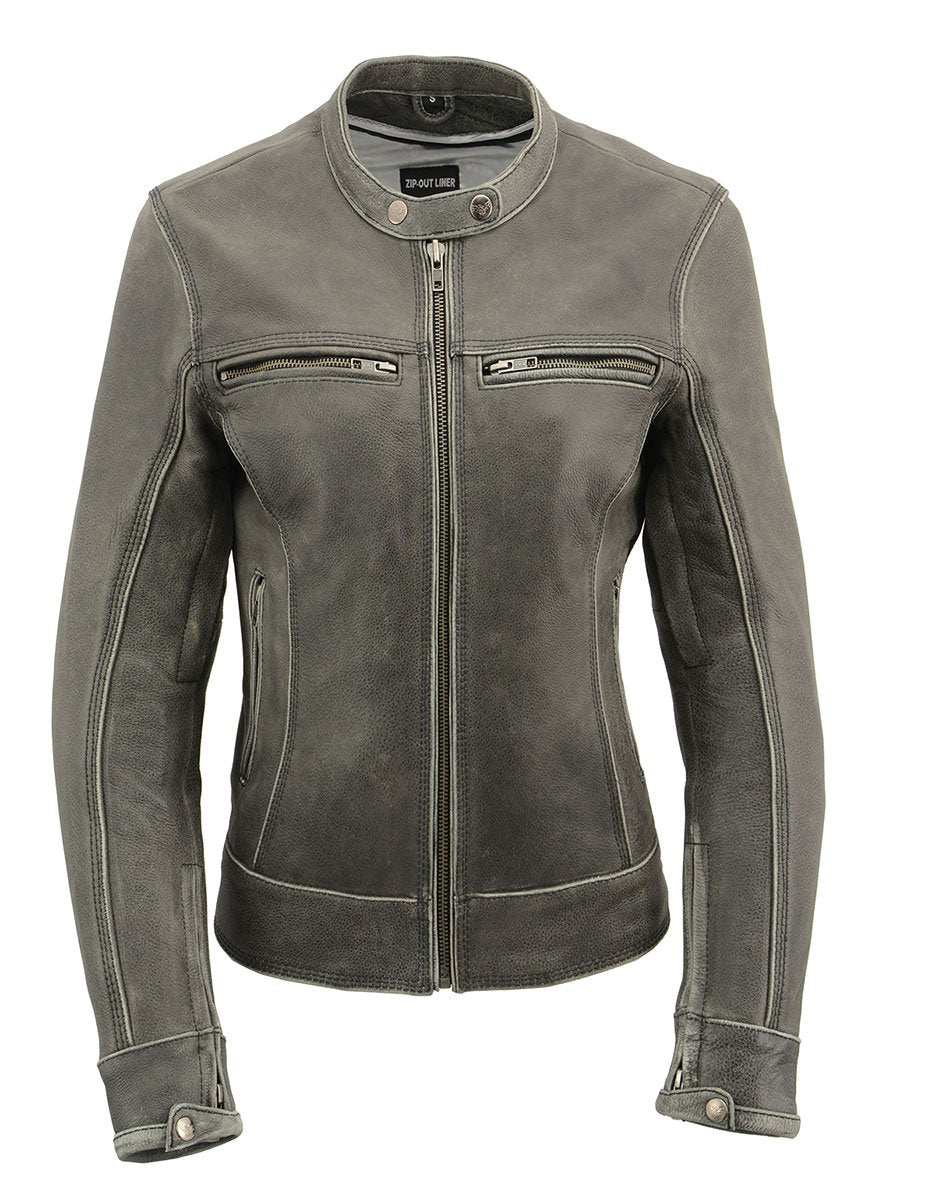MLL2550 Women's Scooter Distressed Grey Leather Motorcycle Riding Vented Jacket