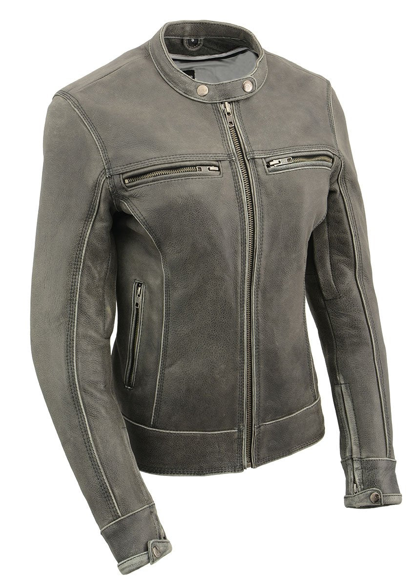 MLL2550 Women's Scooter Distressed Grey Leather Motorcycle Riding Vented Jacket