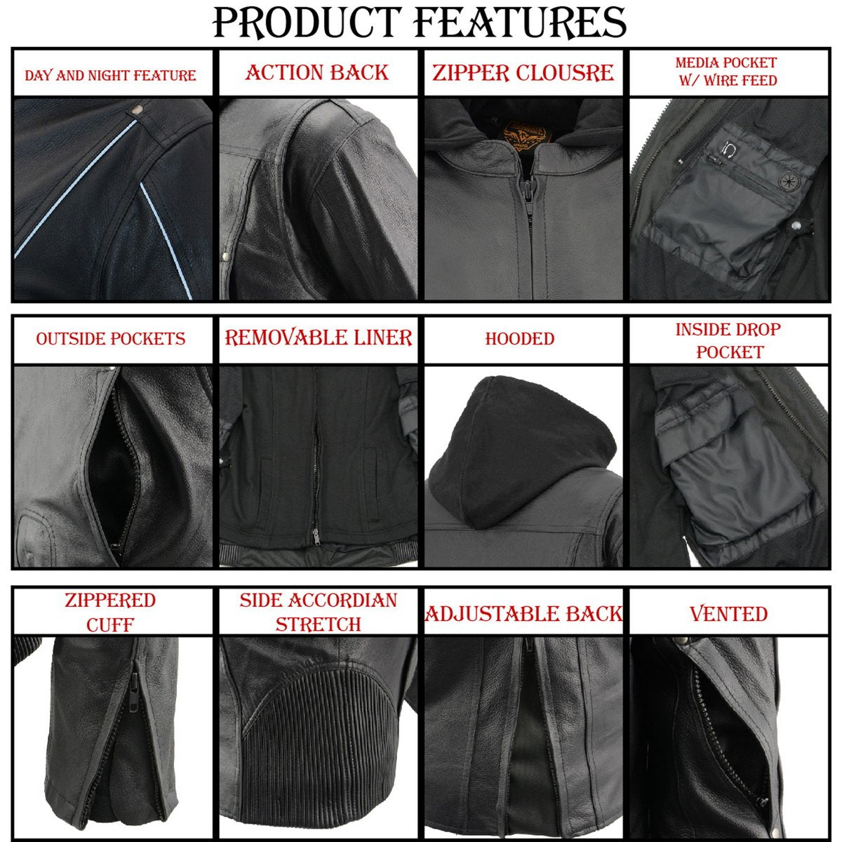 MLL2555 Women's Black 3/4 Hooded Leather Jacket with Side Stretch