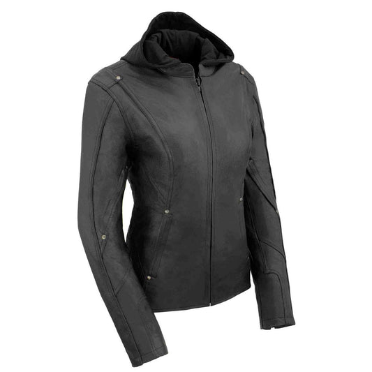 MLL2555 Women's Black 3/4 Hooded Leather Jacket with Side Stretch