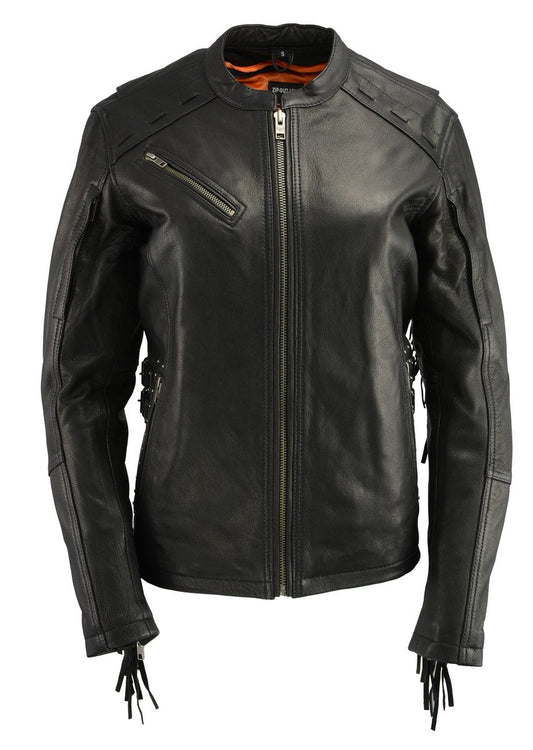 MLL2565 Women's Black Fringed Lightweight Leather Racer Motorcycle Jacket