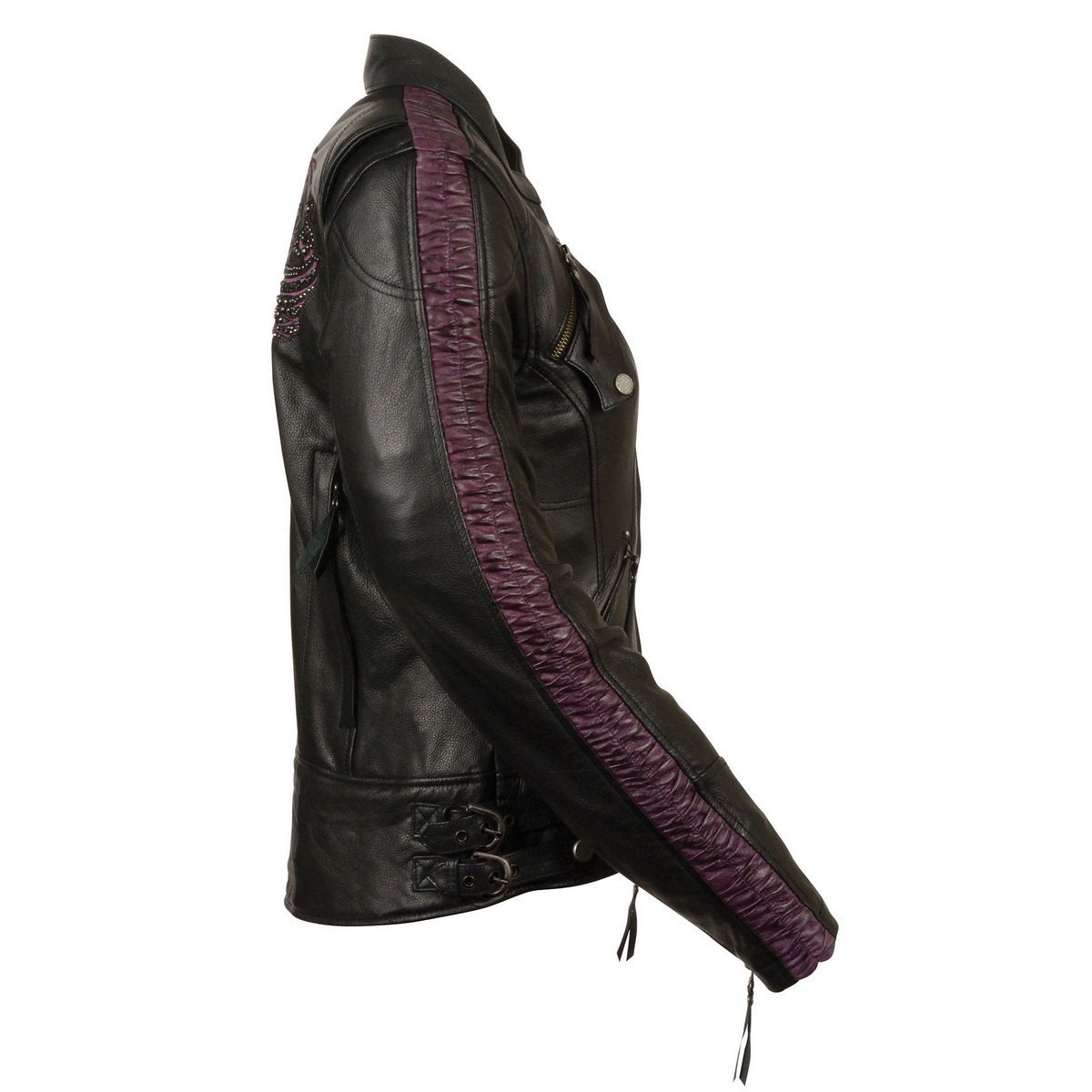MLL2570 Women's 'Phoenix Embroidered' Black and Purple Motorcycle Leather Jacket