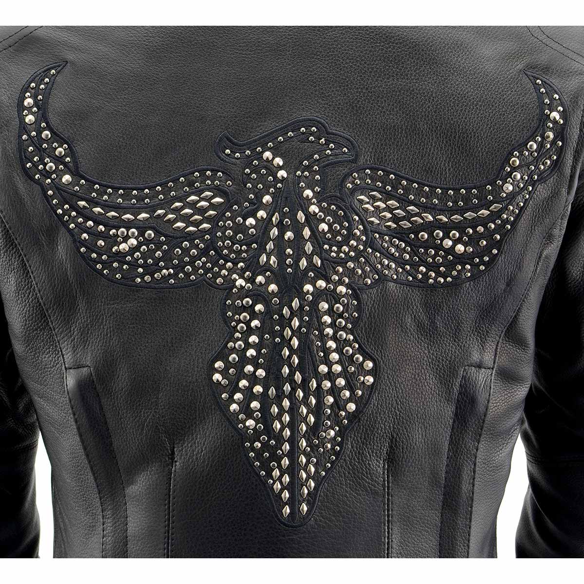 MLL2570 Women's Black 'Phoenix Embroidered' Leather Motorcycle Jacket