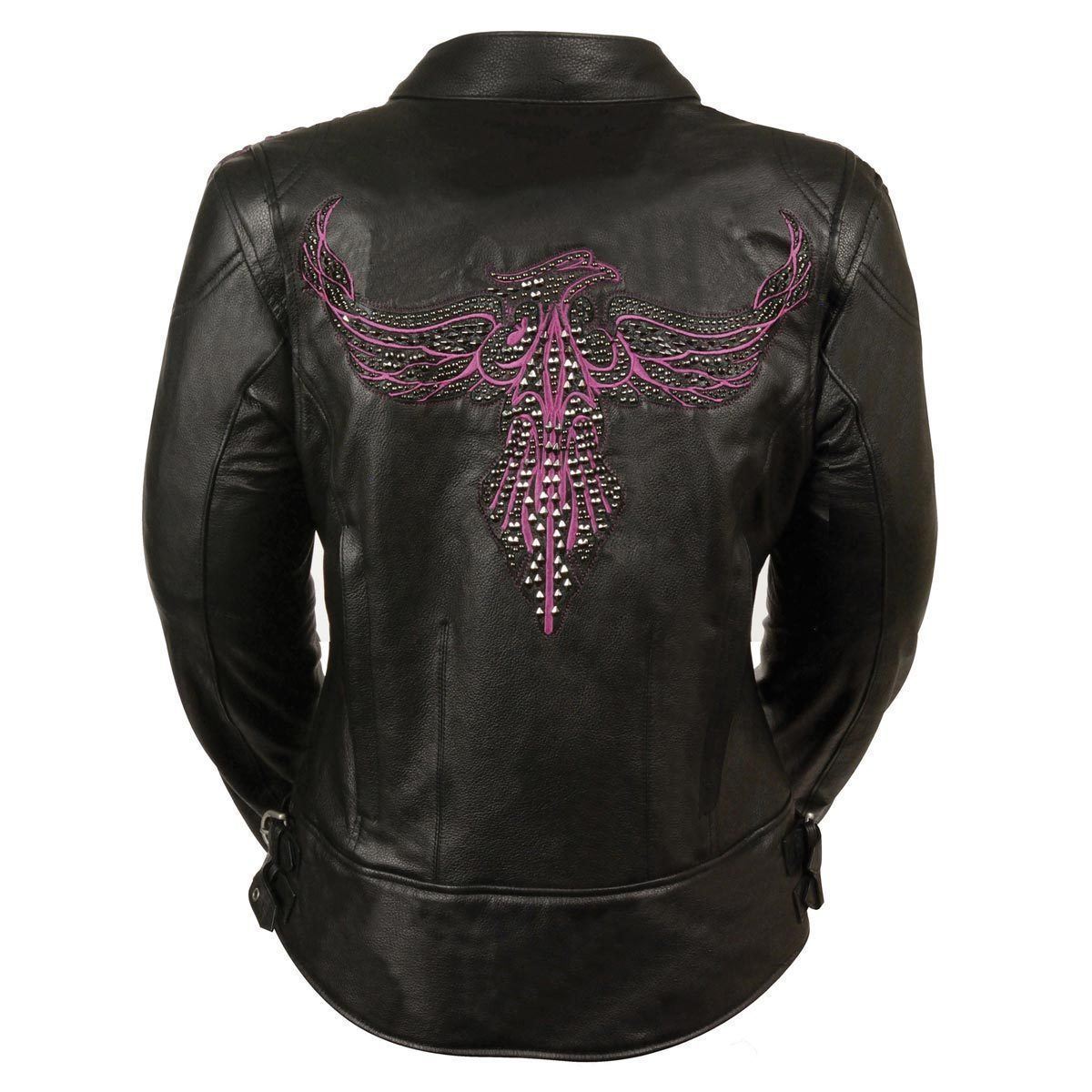 MLL2570 Women's 'Phoenix Embroidered' Black and Fuchsia Pink Leather Motorcycle Jacket