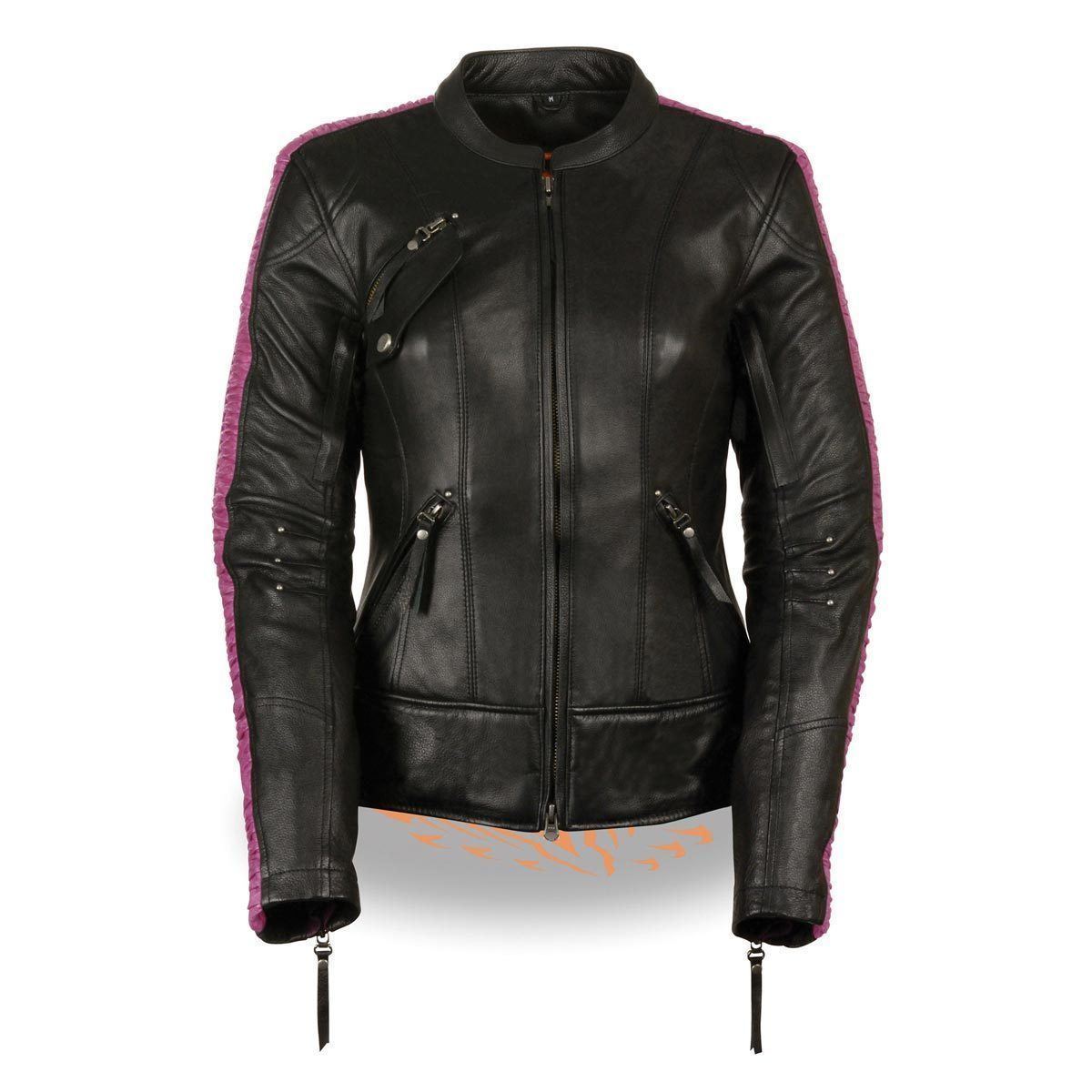 MLL2570 Women's 'Phoenix Embroidered' Black and Fuchsia Pink Leather Motorcycle Jacket