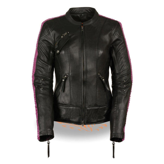 MLL2570 Women's 'Phoenix Embroidered' Black and Fuchsia Pink Leather Motorcycle Jacket