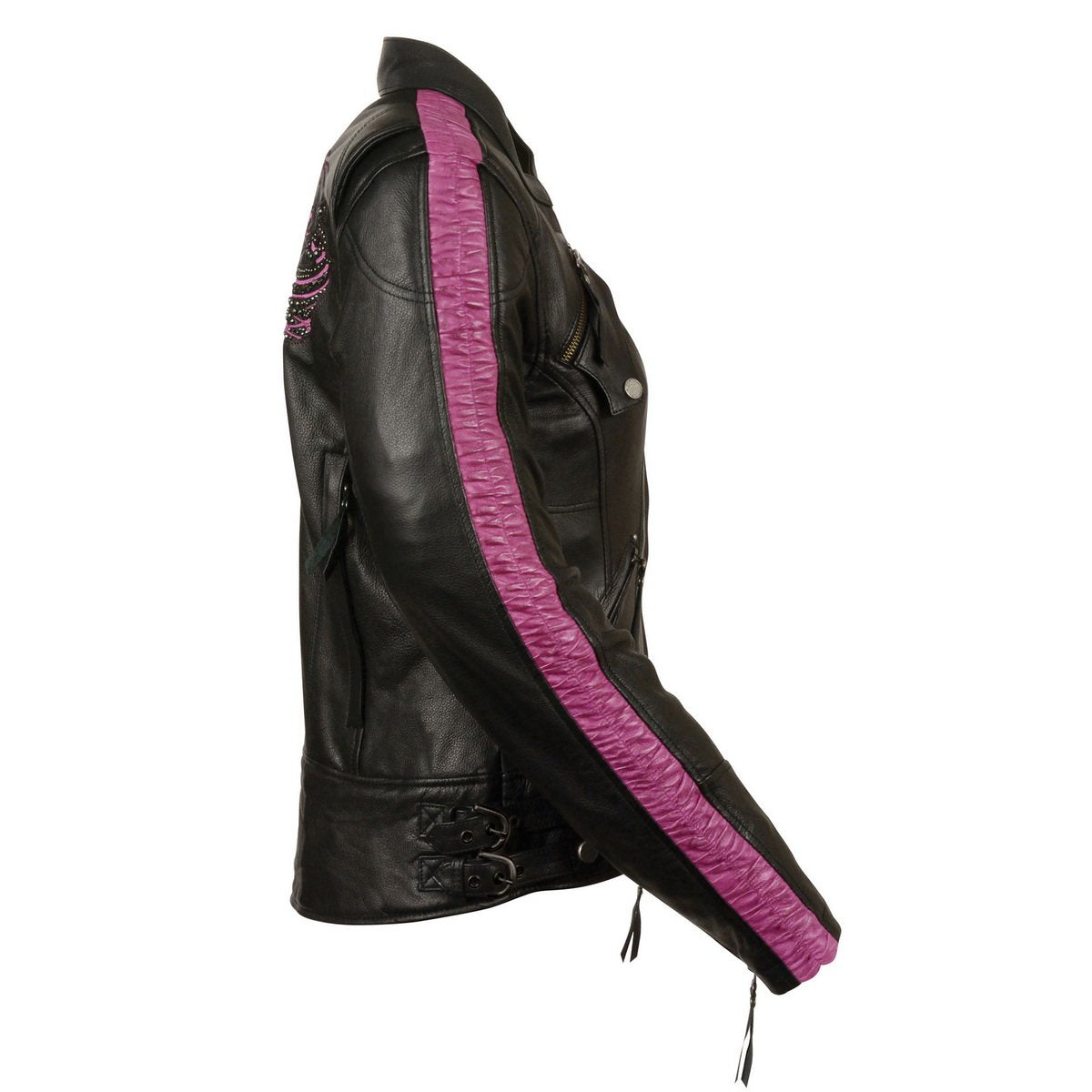 MLL2570 Women's 'Phoenix Embroidered' Black and Fuchsia Pink Leather Motorcycle Jacket