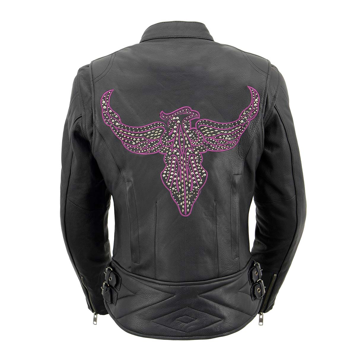 MLL2570 Women's 'Phoenix Embroidered' Black and Purple Motorcycle Leather Jacket