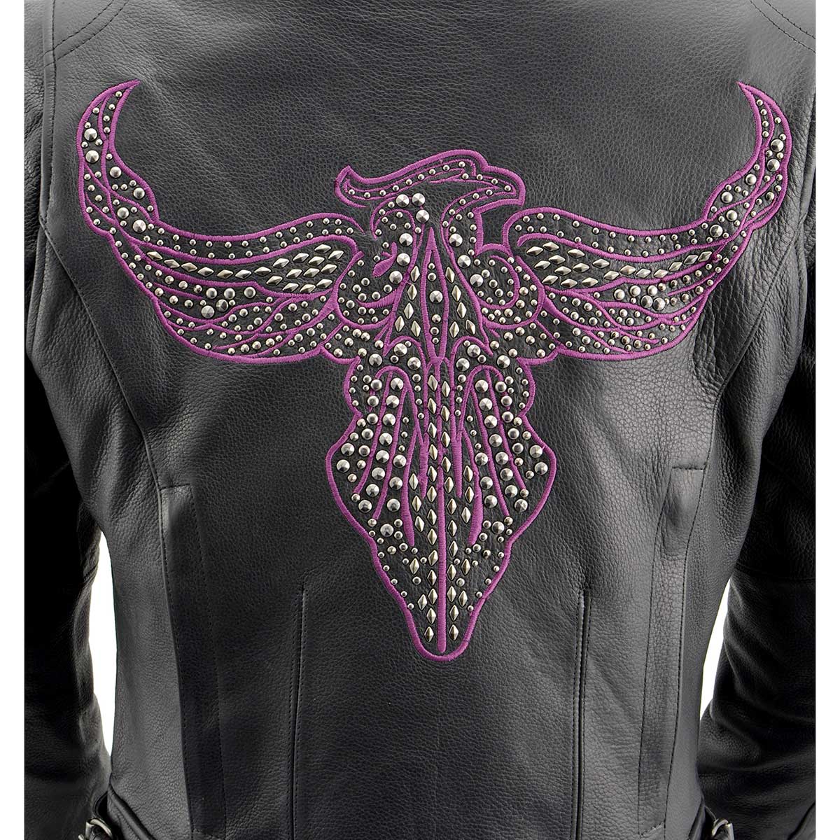 MLL2570 Women's 'Phoenix Embroidered' Black and Purple Motorcycle Leather Jacket