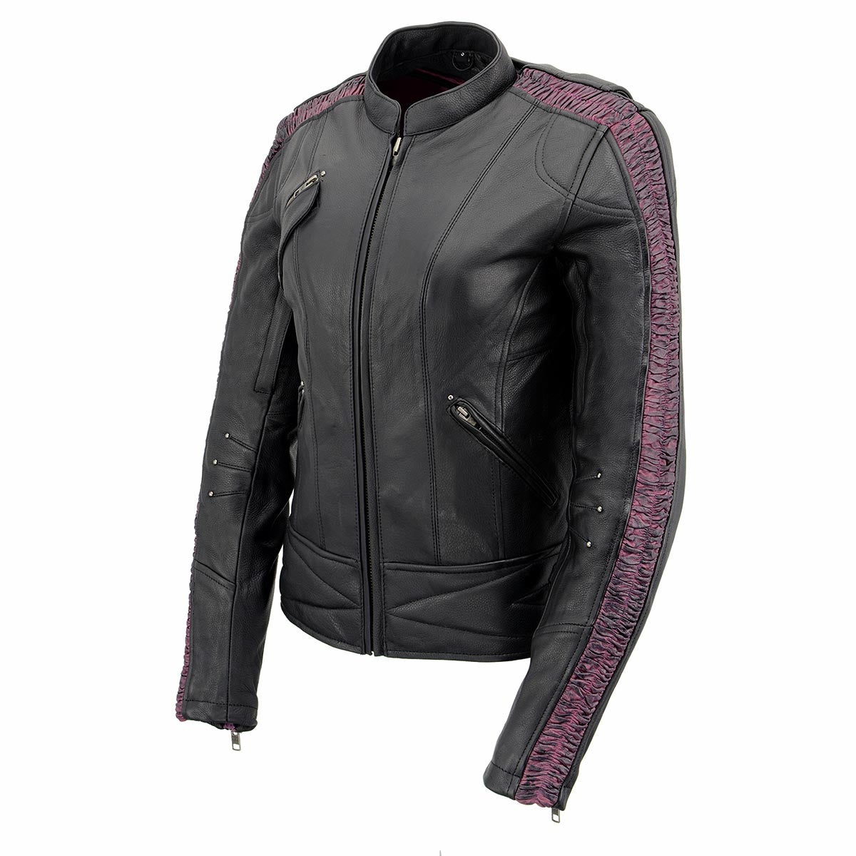 MLL2570 Women's 'Phoenix Embroidered' Black and Purple Motorcycle Leather Jacket