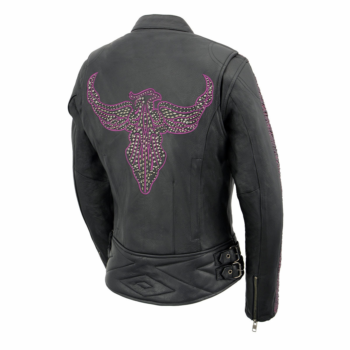 MLL2570 Women's 'Phoenix Embroidered' Black and Purple Motorcycle Leather Jacket
