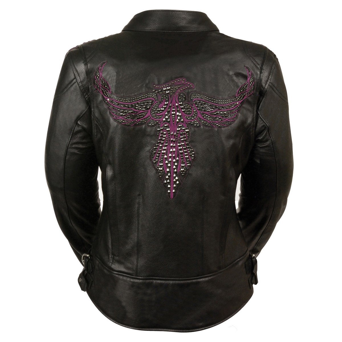 MLL2570 Women's 'Phoenix Embroidered' Black and Purple Motorcycle Leather Jacket