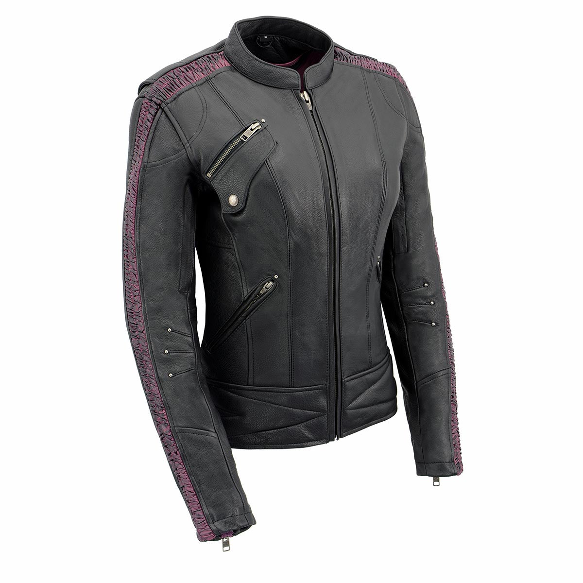 MLL2570 Women's 'Phoenix Embroidered' Black and Purple Motorcycle Leather Jacket