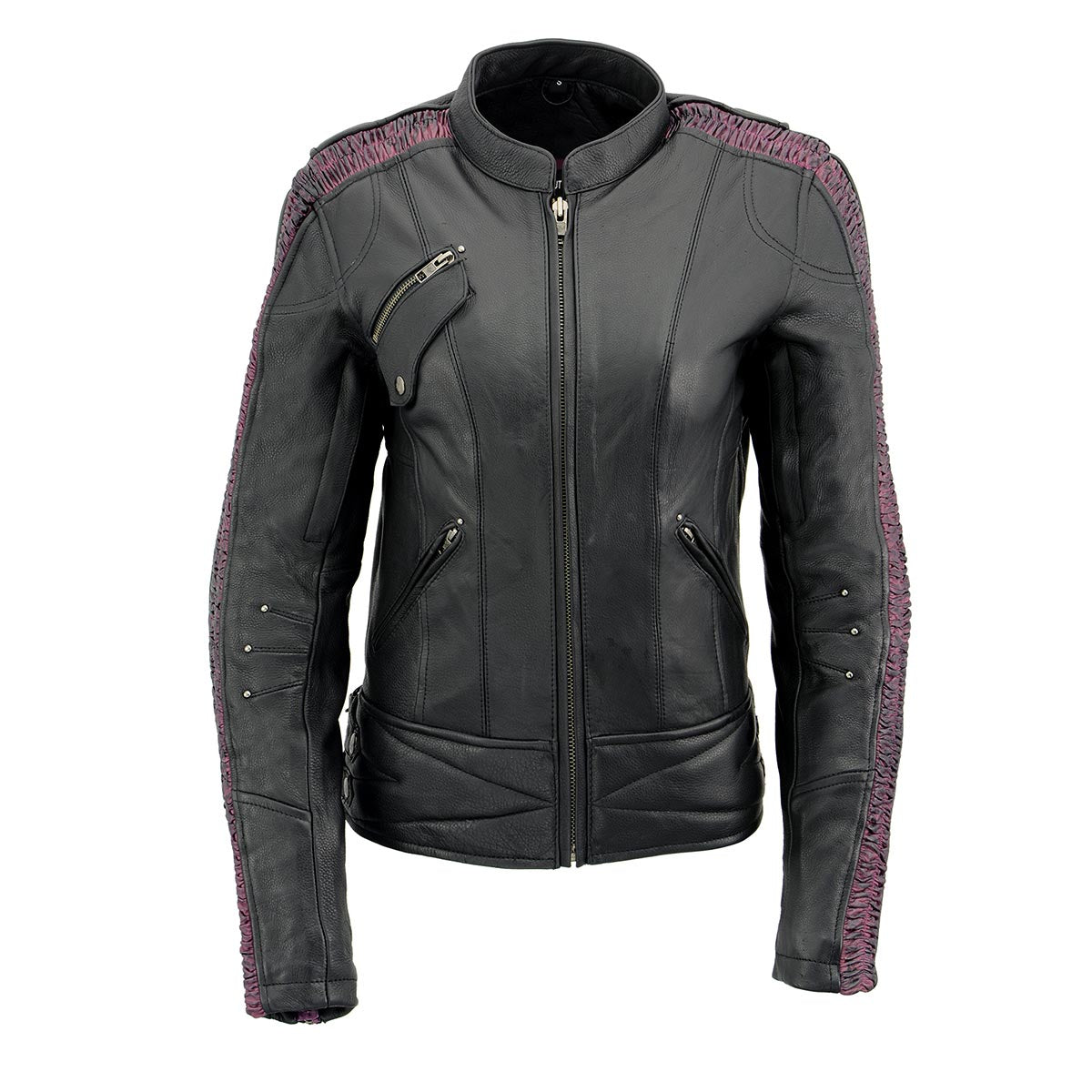MLL2570 Women's 'Phoenix Embroidered' Black and Purple Motorcycle Leather Jacket
