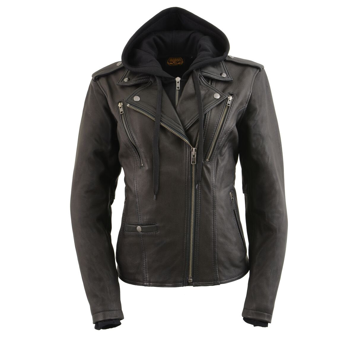 MLL2575 Women's Black Leather Vented Motorcycle Jacket w/ Removable Hoodie