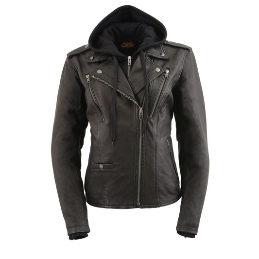 MLL2575 Women's Black Leather Vented Motorcycle Jacket w/ Removable Hoodie