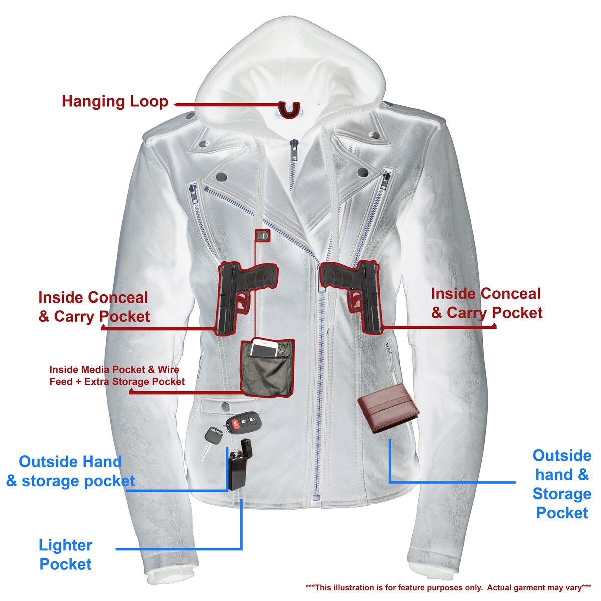 MLL2575 Women's Black Leather Vented Motorcycle Jacket w/ Removable Hoodie