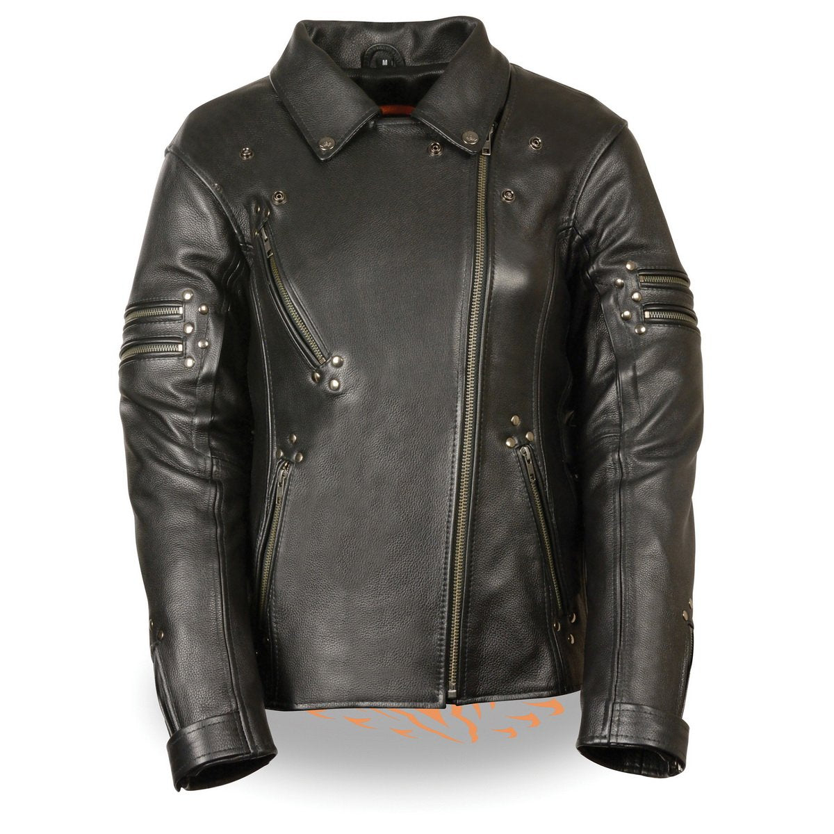 MLL2585 Women's Black Premium Leather Motorcycle Rider Jacket with Rivets
