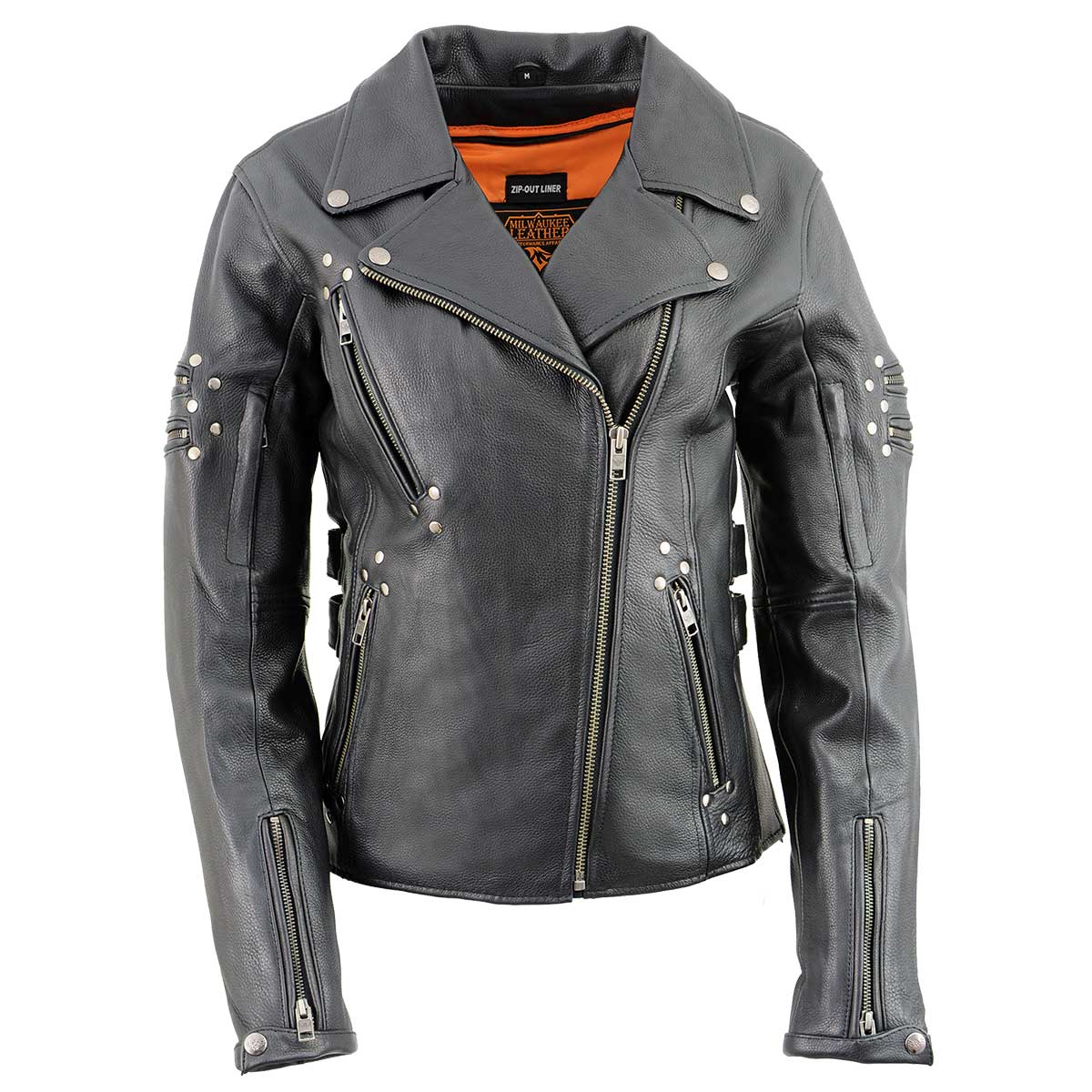 MLL2585 Women's Black Premium Leather Motorcycle Rider Jacket with Rivets