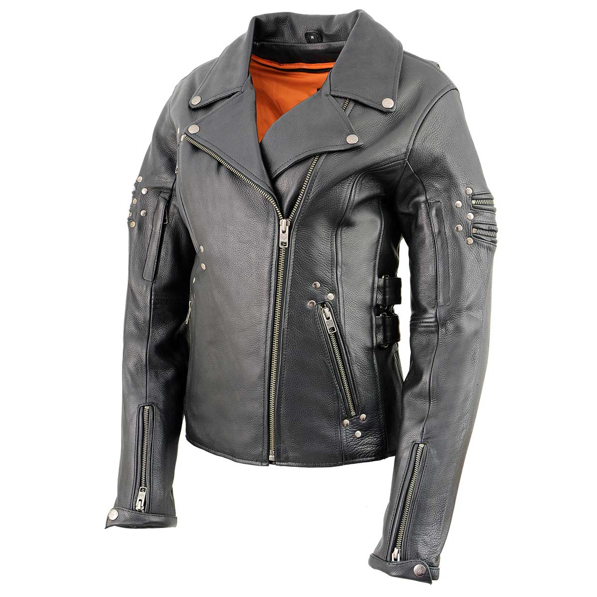 MLL2585 Women's Black Premium Leather Motorcycle Rider Jacket with Rivets