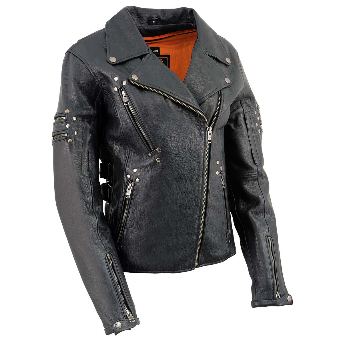 MLL2585 Women's Black Premium Leather Motorcycle Rider Jacket with Rivets