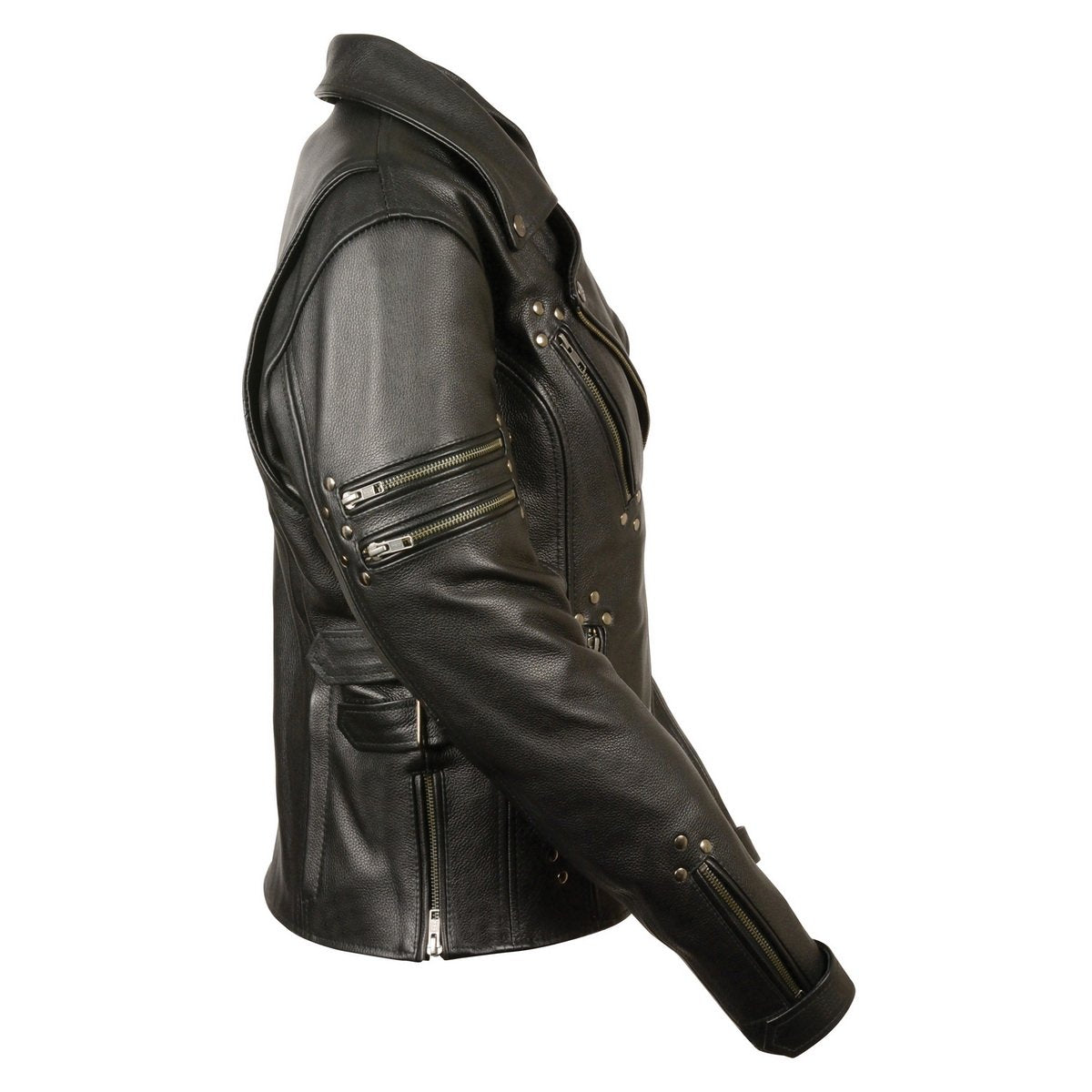 MLL2585 Women's Black Premium Leather Motorcycle Rider Jacket with Rivets